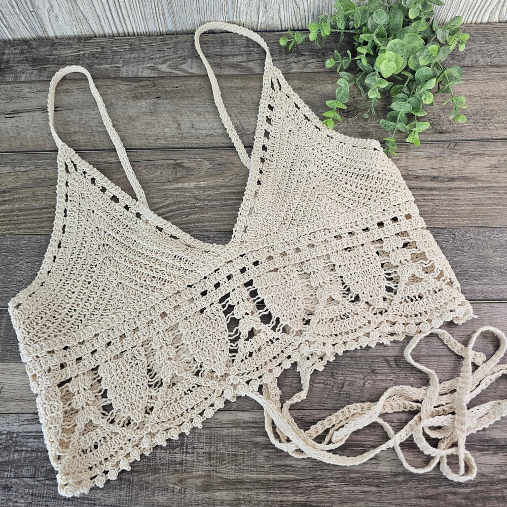 Beige Crochet Crop Top Small/Medium Boho Festival Hippie‎ Cottagecore Tie Back